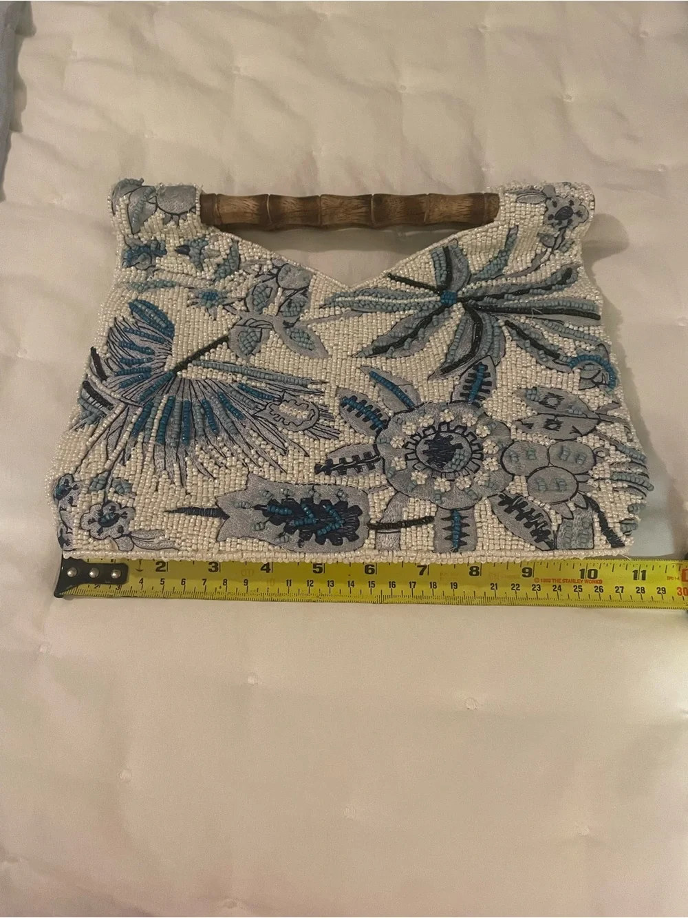 Embellished White & Blue Floral Beaded Handbag with Bamboo Handle